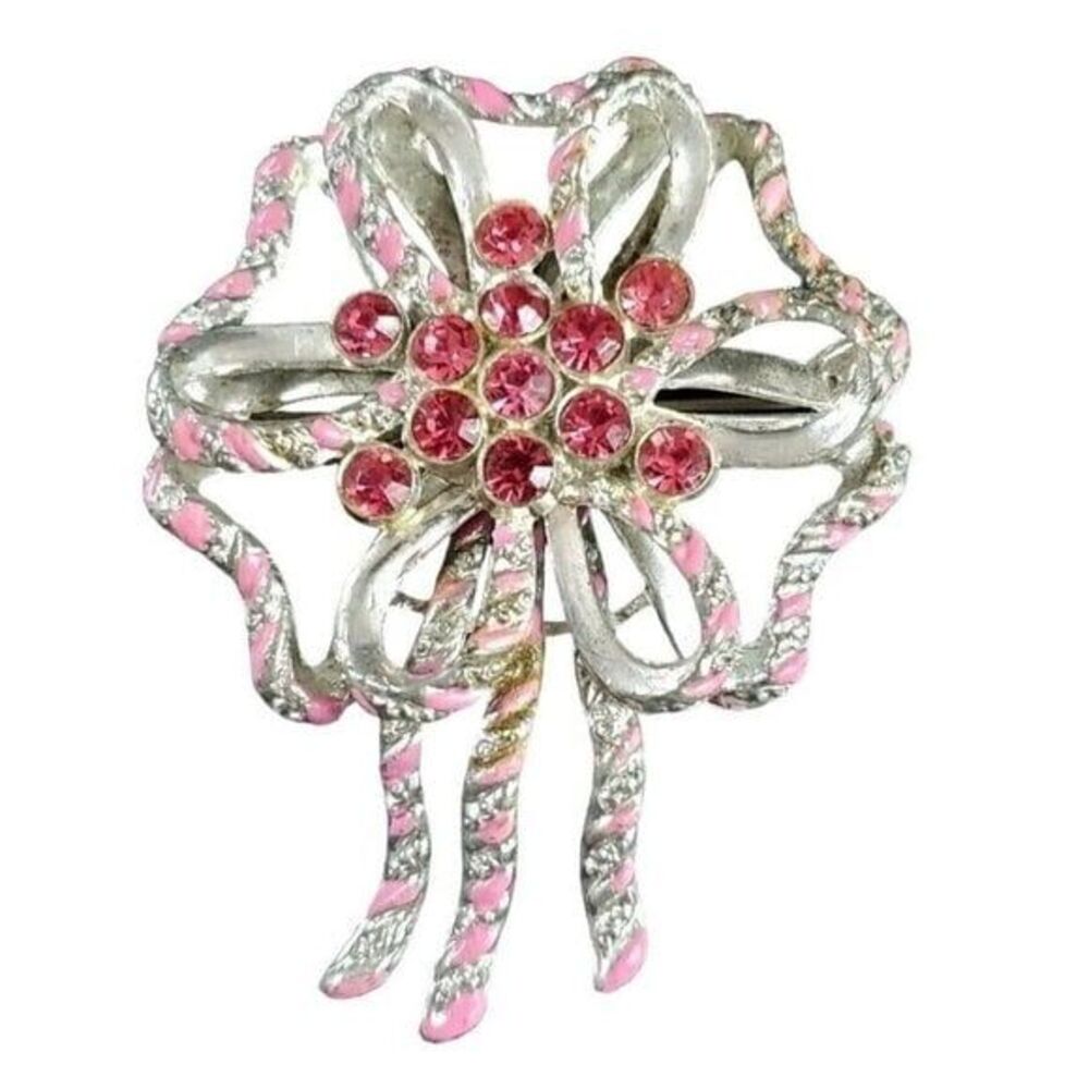 Vintage Silver Tone Pink Enamel Ribbon Bow Flower Brooch Rhinestone Pin